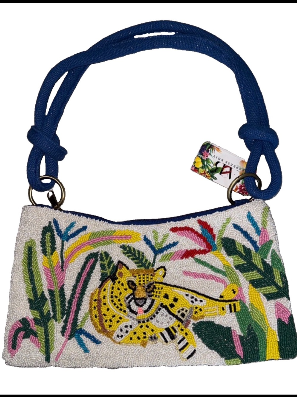 Handcrafted Beaded Tropical Leopard Shoulder Bag | Blue Jungle Resort Purse NWT